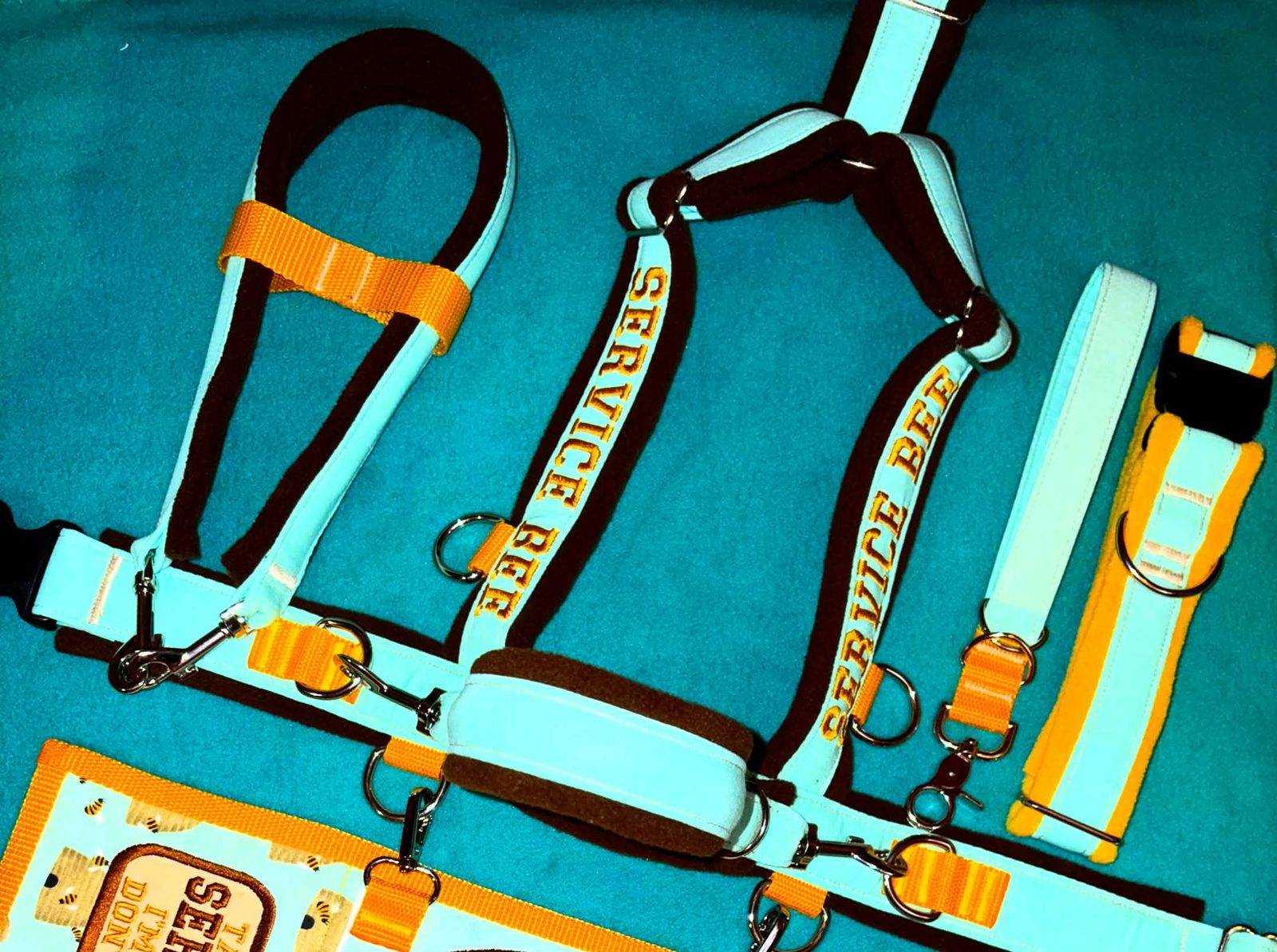 Aqua and brown fleece-padded harness with Service Bee embroidered webbing and silver hardware.