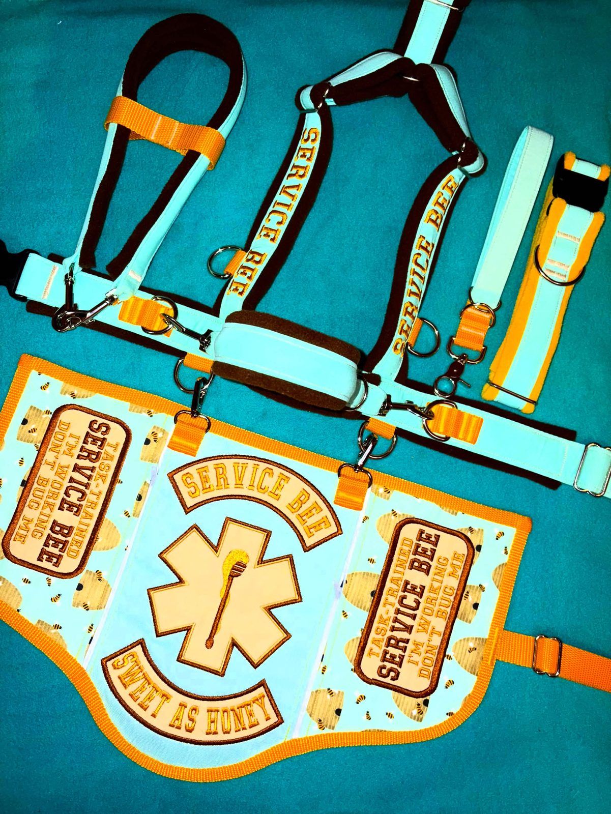 Aqua and brown fleece-padded harness, collar and leash with Service Bee embroidered webbing, and a matching Service Bee, sweet as honey vest.